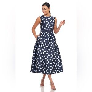 Kay Unger Navy and White Polka Dot Midi Dress